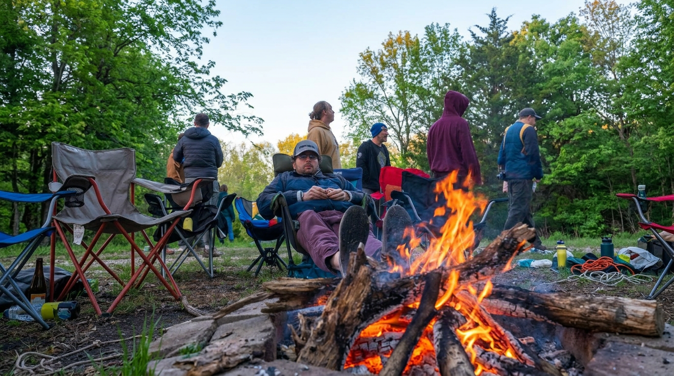 Climbers relaxing around a campfire at Robinson Bluff
